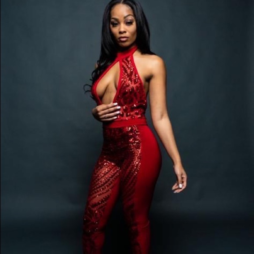 Red jumpsuit open back